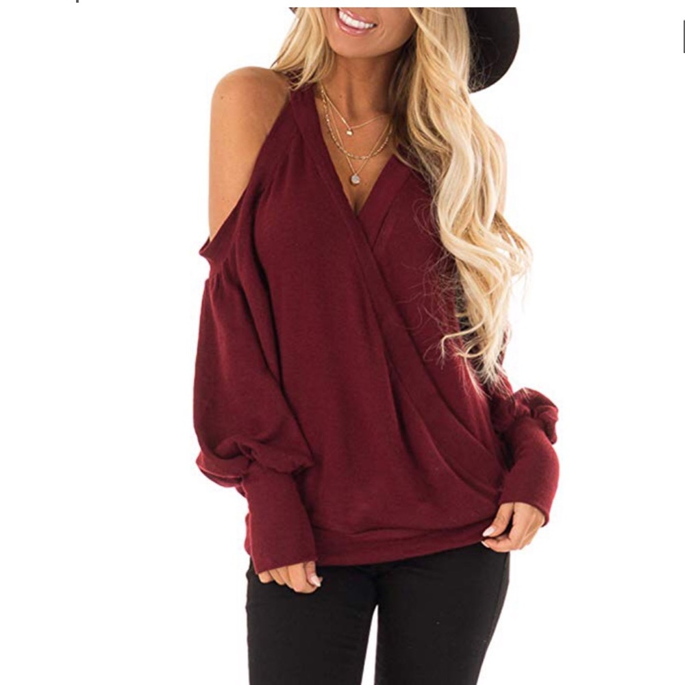 women cold shoulder top wrap front blouse